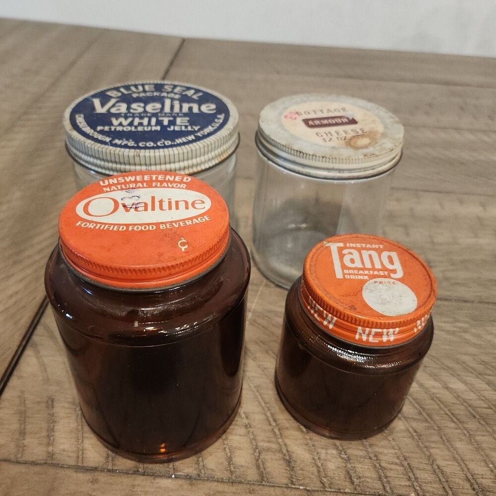 Lot Vintage Blue Seal Vaseline Ovaltine Instant Tang Armour Cottage Cheese Jars